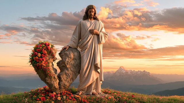 Jesus Beside Broken Stone Heart at Sunrise