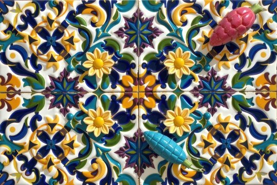 A Moroccan zellige tile pattern with a complex interlacing geometric grid of stars and hexes framing tiny crescent shaped carrot tops in saffron and plum.