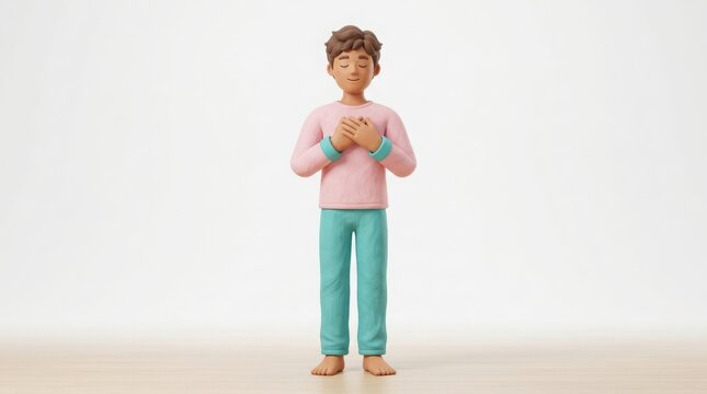 A cute cartoon boy standing with his hands over his heart feeling grateful and happy isolated on a plain white studio background