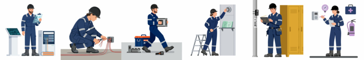 Obraz premium Set of industrial technicians in blue overalls performing maintenance, electrical work, safety inspections, and using digital tools, isolated on a white background.