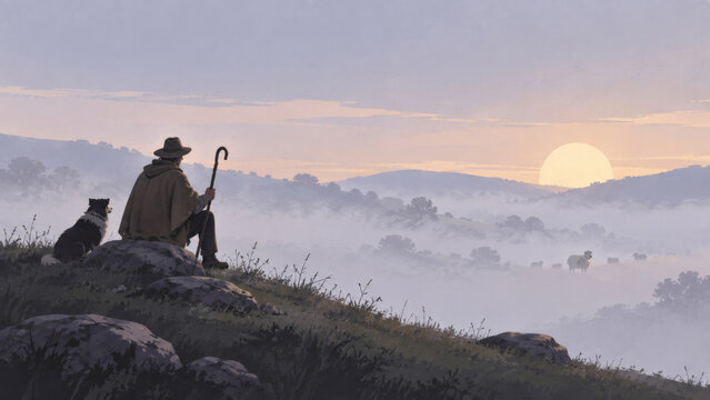 A shepherd waits on a foggy hillside for a slower sheep to catch up, an atmospheric countryside illustration of patience, caring for animals, rural life and keeping everyone together