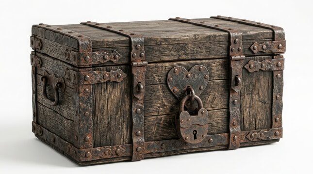 Old rustic wooden treasure chest with a heavy metal padlock isolated on white background