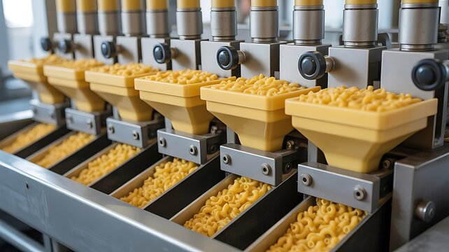 Industrial pasta manufacturing machine with yellow macaroni noodles moving through metal funnels on a speed food production line in a factory
