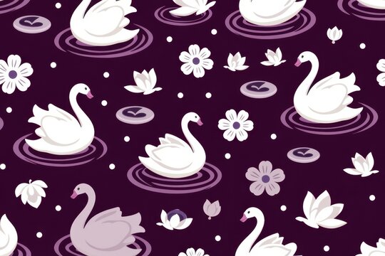 A seamless repeating pattern of floating white swans and lotus blossoms sheltering hidden eggs on a deep plum background.