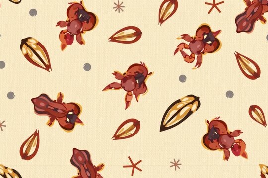 A boho coastal pattern featuring watercolor illustrations of dried sea oats and scattered hermit crabs living in plastic eggs on a warm sand colored background.