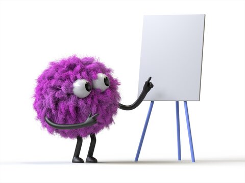 Fluffy, cute monster with blank canvas, symbolizes creativity and presentation. 3D rendering, conceptual image. Isolated on white background.