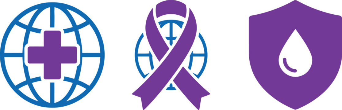 A set of three purple healthcare icons including a world globe a ribbon symbol and a shield with a water droplet design isolated