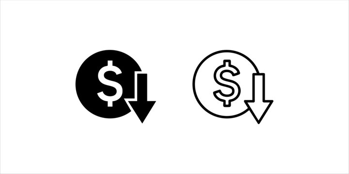 Cost reduction and dollar devaluation icon set, financial decline symbols with glyph and line art styles