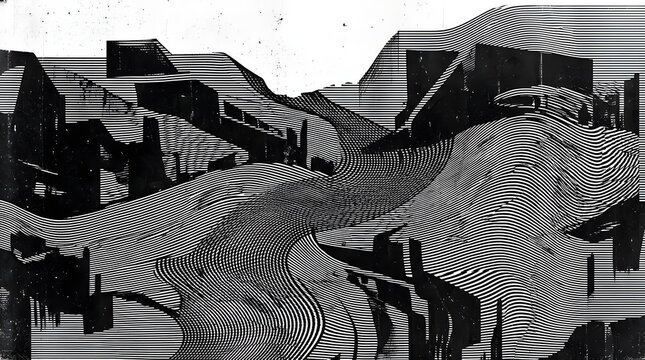 Surreal and abstract architectural landscape with a distorted, dreamlike quality. Buildings appear to melt into the terrain, creating a disorienting and futuristic vision