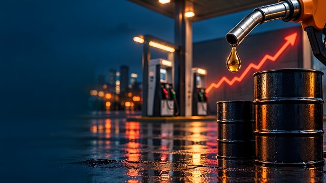 Gasoline prices surge as oil barrel price increases shown by a dripping nozzle and red upward graph at a gas station at night