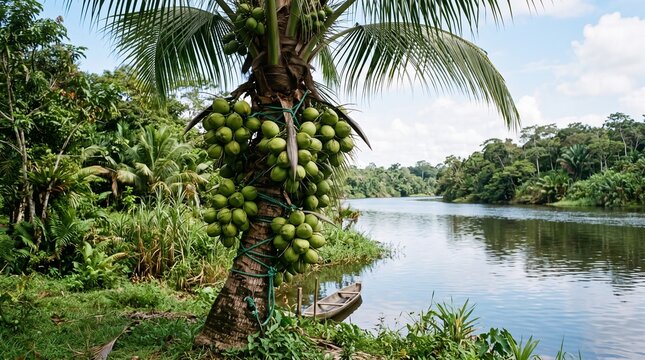 Tropical coconut tree with green fruit by a serene river