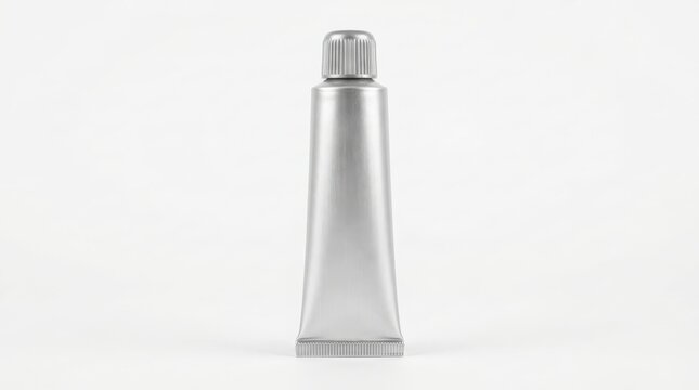 Blank silver metal squeeze tube for paint or cosmetic cream packaging isolated on a white background
