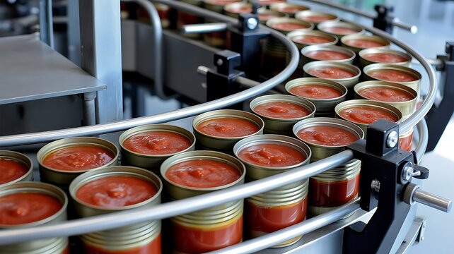 Metal cans filled with red tomato sauce moving along a curved industrial conveyor belt in a large scale food processing and canning factory
