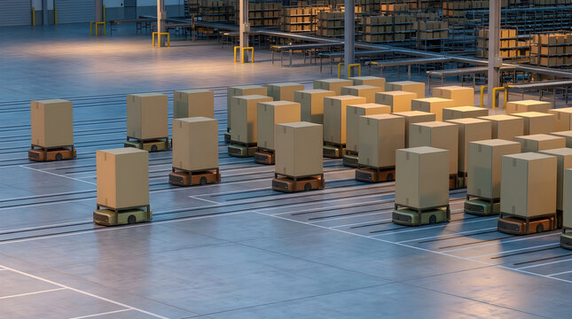Robotic Goods to Person Picking System Moving Tall Storage Pods Across Smart Distribution Center Floor Showing Fleet Coordination and Warehouse Automation Technology