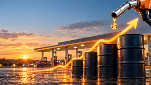Rising oil prices concept gasoline pump nozzle dripping fuel over stacked barrels with an upward trending graph overlay at sunset gas station background.