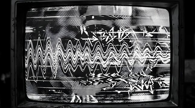 An old television screen displaying static and distorted images, creating a sense of unease and nostalgia. The black and white display is filled with glitchy lines and abstract patterns
