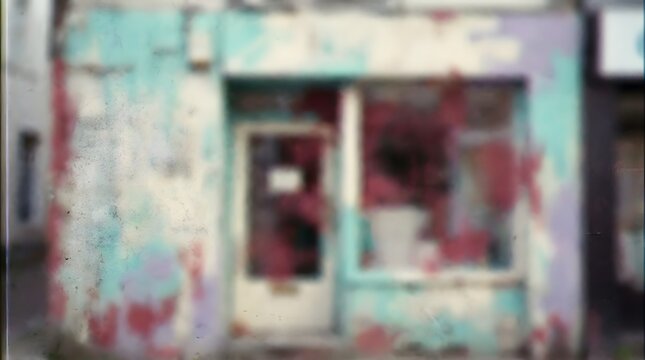 An old, abandoned shop with faded paint and graffiti. The window is covered with debris and the door is closed.