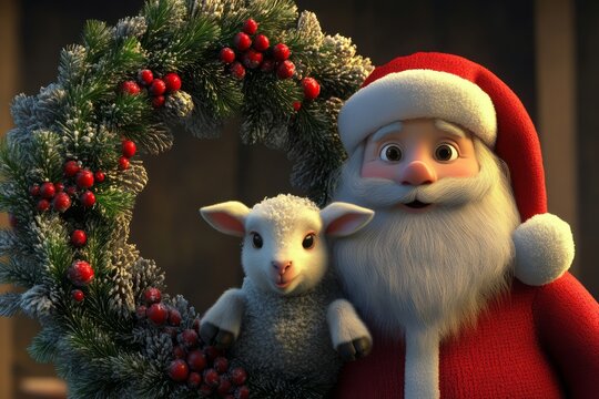 Santa claus and lamb with snowy christmas wreath
