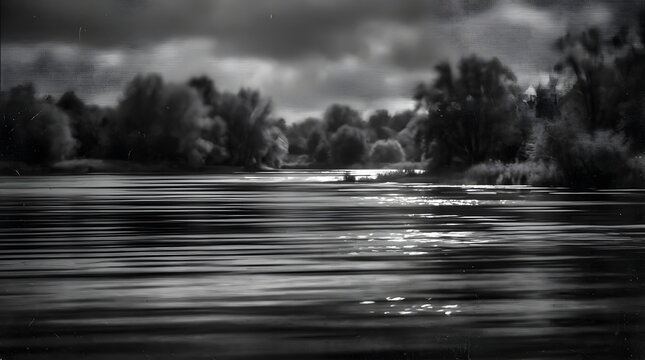 A moody, monochrome shot of a wide river flowing through a landscape of trees under a dramatic sky. The water's surface is blurred, suggesting movement and reflecting the overcast light.