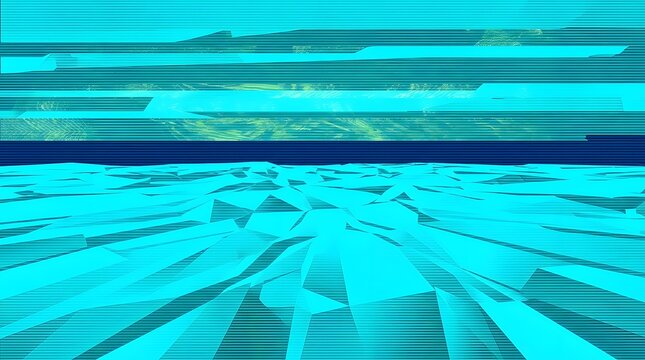 A conceptual underwater scene with abstract geometric shapes and a dark blue horizon line, evoking a sense of depth and mystery.