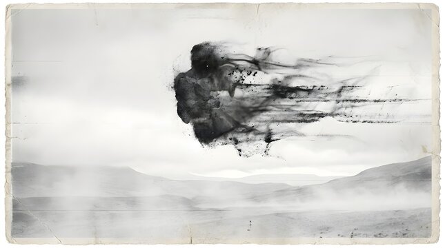 A surreal black and white image depicts a human form dissolving into smoke against a hazy, mountainous landscape, evoking a sense of ephemeral existence and internal struggle