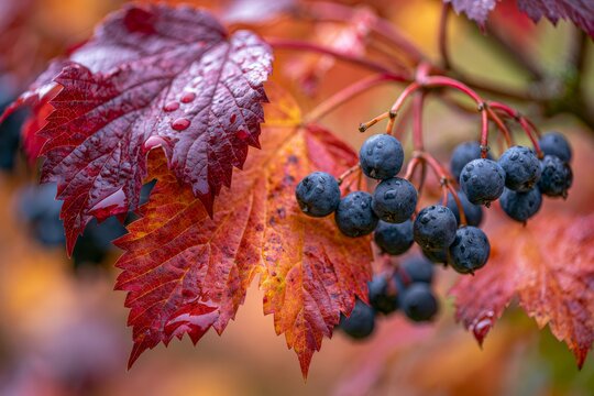 Autumn leaves changing color with wet dark berries