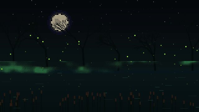 Misty swamp at night with glowing green fireflies reflected in the water, drifting fog and cattails