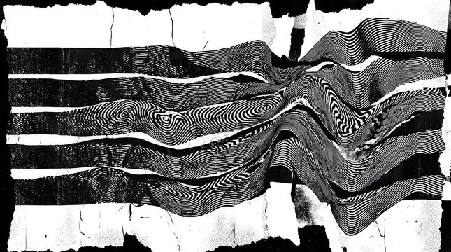Distorted lines create a wave-like abstract pattern, suggesting chaos or data corruption. The monochrome palette adds a stark, technical feel