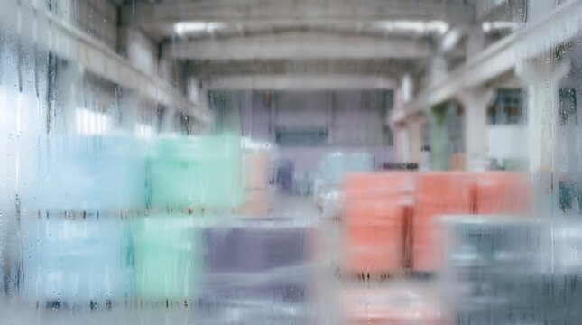 Warehouse interior with stacks of colorful packages or goods on pallets, ready for transport or storage
