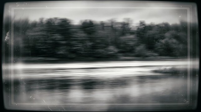 A tranquil lake surrounded by a forest, with a blurred motion effect adding a sense of movement and time passing