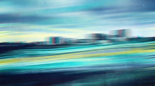 A city skyline is blurred by motion, creating an abstract impression of urban life. The colors are a mix of blues, greens, and yellows, with hints of red and white in the buildings