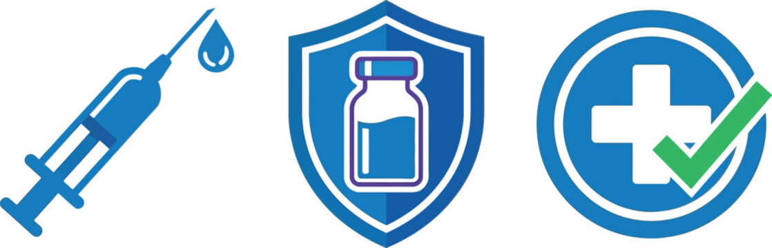 A set of isolated medical icons features a syringe a vaccine vial and a health shield with a prominent green checkmark on a transparent background