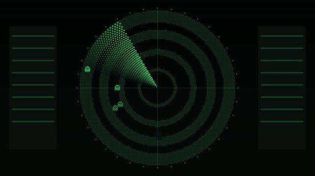 Green phosphor ghost radar screen with rotating sweep revealing ghost blips, CRT scanlines and glitch