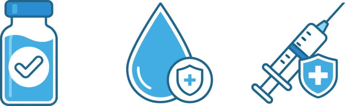 A collection of medical icons features a vaccine vial a droplet with a shield and a syringe also with shield protection isolated on clear background