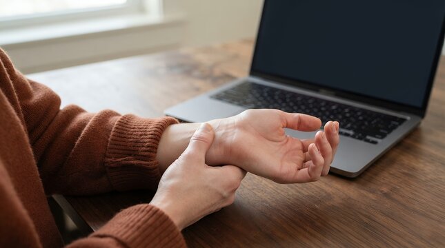 Carpal tunnel syndrome pain in wrist, person holding painful hand while working on laptop, repetitive strain injury and joint inflammation at desk