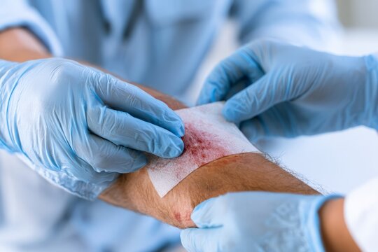 First aid worker bandaging injured arm with gauze