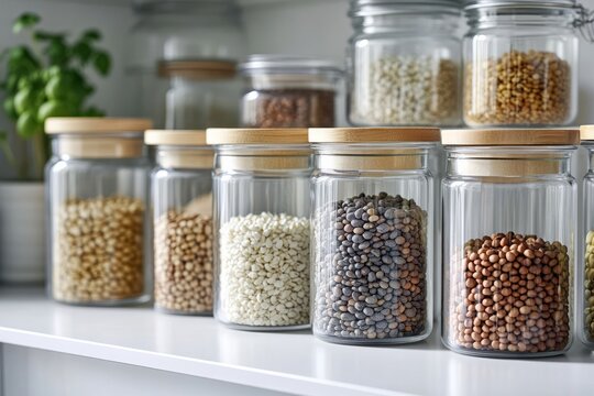 Glass jars storing various legumes and grains in pantry