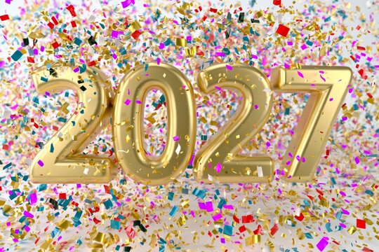 Golden 2027 numbers celebrating new year confetti party