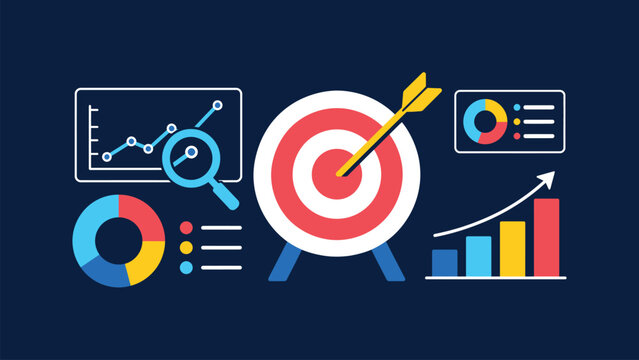 Marketing strategy and goal achievement concept featuring bullseye target with arrow and financial data analysis charts on dark blue background