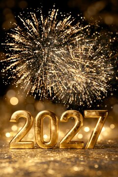2027 golden numbers celebrating new year's eve with fireworks, vertical