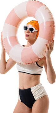 Stylish swimmer looks through pink inflatable ring wearing white goggles on transparent background. Retro pool style, water safety and summer fun concept.
