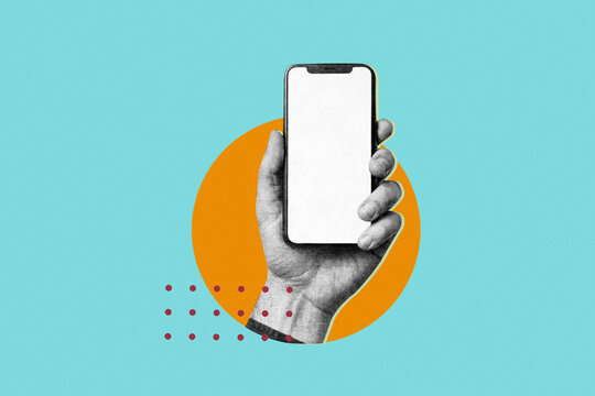 Hand holding smartphone with blank screen on retro collage background