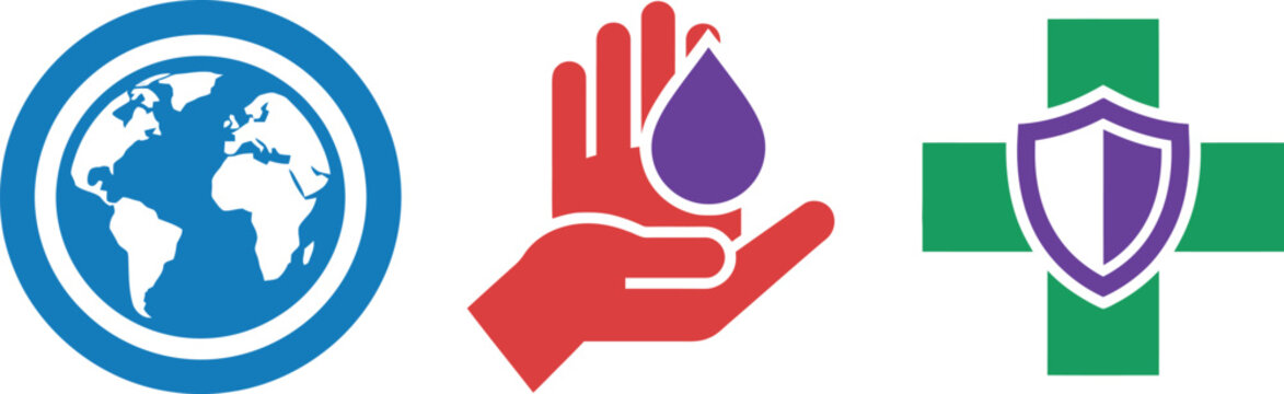 Collection of vibrant icons representing global health safety and protection isolated on transparent background