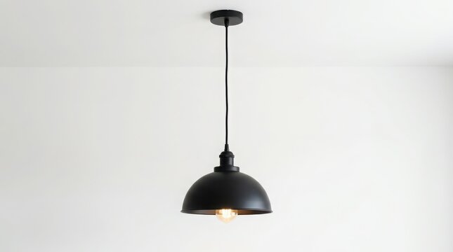 Modern black metal pendant light hanging from a ceiling isolated against a plain white background for interior design projects
