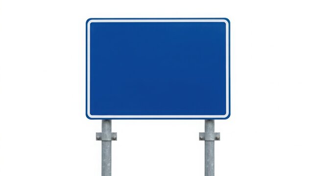 Blank blue rectangular road sign on metal poles for traffic information isolated on a white background