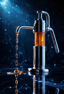 Vintage metallic hand pump dispensing glowing golden liquid with futuristic lighting effects and reflections