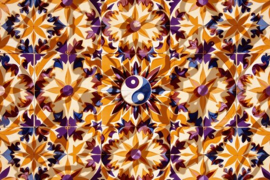 A Moroccan zellige tile pattern with a complex interlacing geometric grid of stars framing tiny 1960s yin yang symbols in saffron and plum.