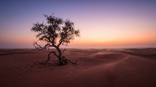 Lone ghaf tree growing among desert dunes in warm golden light
