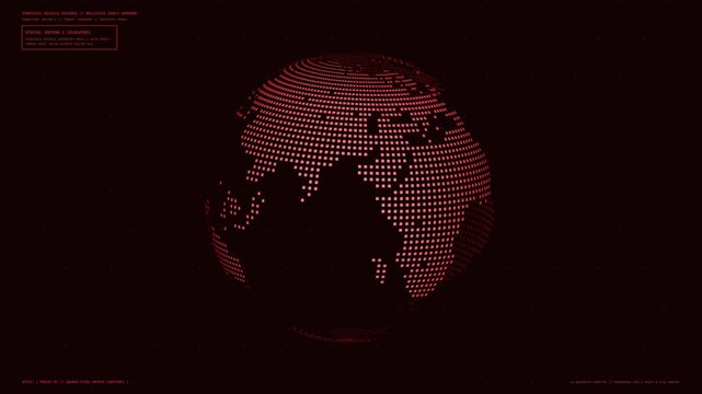A 4k motion graphic of a digital red globe made of glowing pixelated squares rotating on a dark background for tactical UI and data