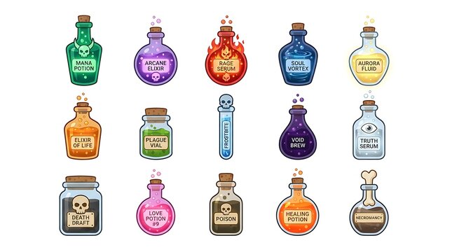 Collection of magical fantasy potions in glass bottles for rpg gaming and halloween decor design.